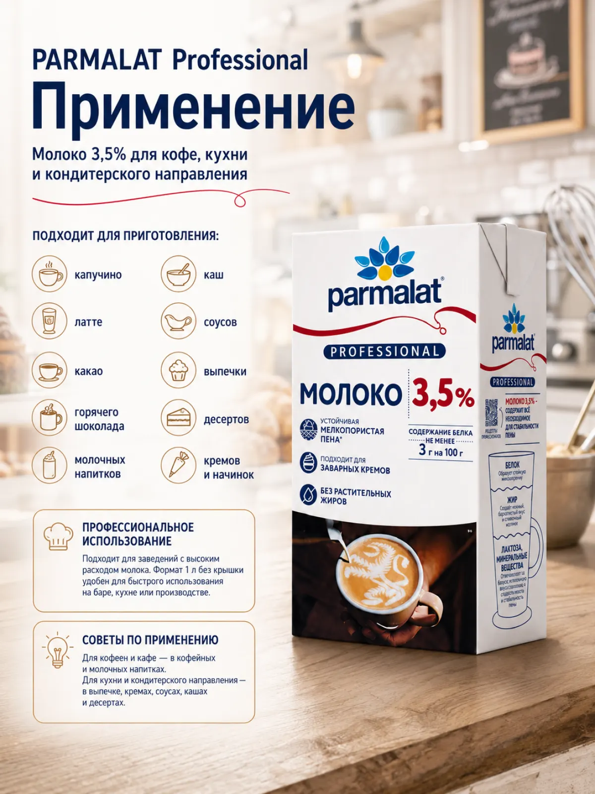 Молоко PARMALAT Professional 3,5%, 1 л, Brik без крышки