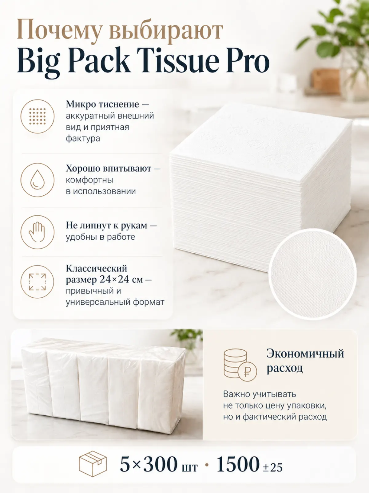 Бумажные салфетки Big Pack Tissue Pro, белые, 1-слойные, 24×24 см