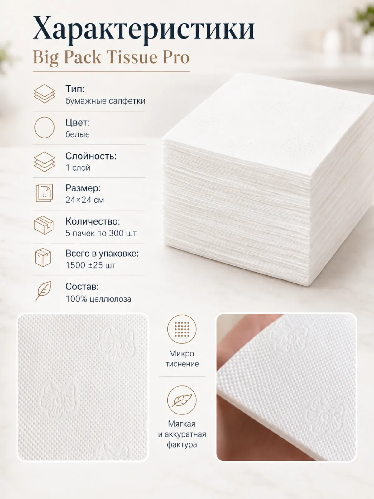 Бумажные салфетки Big Pack Tissue Pro, белые, 1-слойные, 24×24 см